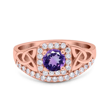 14K Rose Gold 0.69ct Round Art Deco 5mm G SI Natural Amethyst Diamond Engagement Wedding Ring Size 6.5